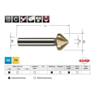 RUKO Kegel- und Entgratsenker DIN 335 Form C 90° HSS-TiN, geschliffen Senkdurchmesser Ø2: 12,4 mm