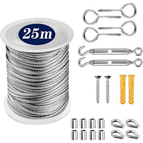 1-teiliges Multifunktionales Metallseilset, Hebeseil Aus Edelstahl, Zeltseil, Wäscheleine, Geländerseilset (25 Meter)