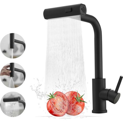 Küchenarmatur Aus Schwarzem Edelstahl, Mit Ausziehbrause, Wasserfall-effekt, Einhebelmischer, Drei Betriebsmodi, Geeignet Für Küchenspülen, Schwarz