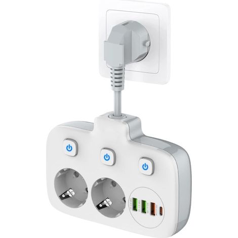 Steckdosenleiste Mit 2 Ac-steckdosen Und 4 Usb-c-anschlüssen, 3 Unabhängigen Schaltern, Überspannungsschutz Und Flammhemmendem Pc-material.