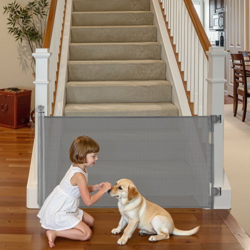 Einziehbares Babygitter Hundegitter Ausziehbar Auf 143 Cm Breite / 795 Mm Höhe, Treppenschutzgitter Mit Sicherheitsschloss, Schutzgitter Aus Netzgewebe Für Treppen Flure Drinnen/draußen, Grau