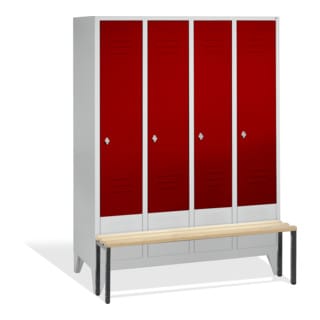 C+P Umkleidespind Classic mit Sitzbank, 4 Abteile, H1850xB1590xT500/815mm Front Rubinrot Korpus Lichtgrau