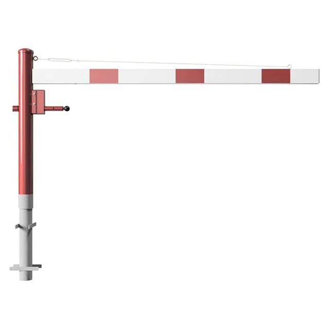 Schake Drehschranke 2,00m + Profilzylinderschloss + Seilzugverstärkung, Drehpfosten: Ø 102mm, rot (RAL 3001) Schrankenarm: Aluminiumrohr 100x50mm, weiß / rot zum Einbetonieren