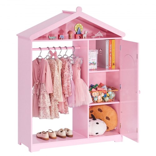 Kinderkleiderschrank 85x31x113,5cm, Kindergarderobe Mit Spiegel Kleiderstange Ablagen, Verkleidungsschrank Aus Mdf Mit Schranktür Für Mädchen, Kinderschrank Für Kostüme Puppen Schlafzimmer, Rosa