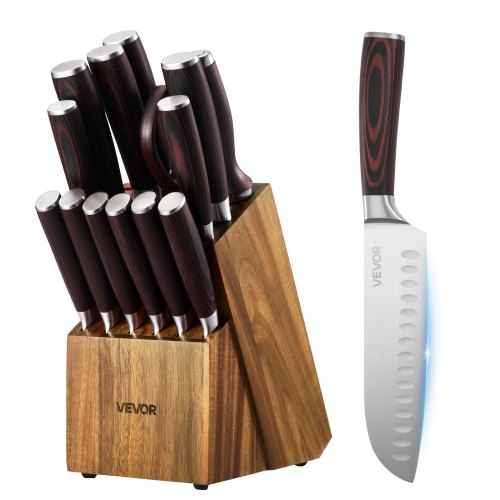 Küchenmesserset Mit Messerblock (holz) & Wetzstahl, 15-tlg. Messerset, Scharfe Messer Aus Hochkohlenstoffhaltigem Edelstahl, Küchenbesteck Mit Ergonomischem Griff, Für Zuhause