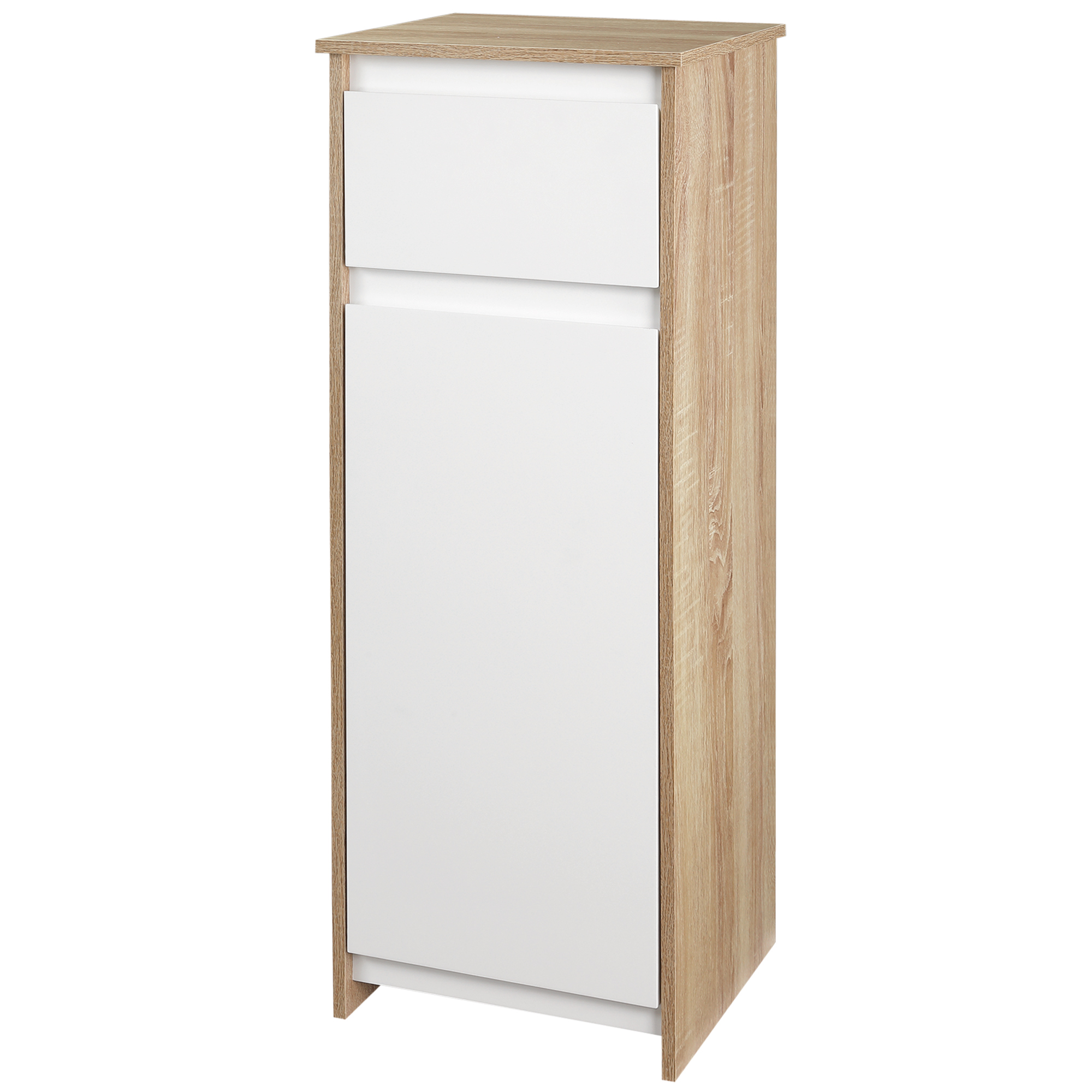 Badezimmerschrank Mit Einer Schublade Und Einer Tür, Beistellschrank Für Bad, Wohnzimmer, Wc, Schlafzimmer, Moderner Stil, Kippsicher, 32,6 X 30 X 90 Cm, Weiß Und Natur