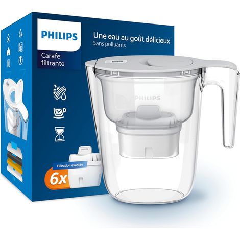Philips Wasserfilterkanne + 6 Ersatz-micro-x-clean-filterkartuschen, Schneller Durchfluss, Weiß, 2,6 Liter, Elektronischer Timer