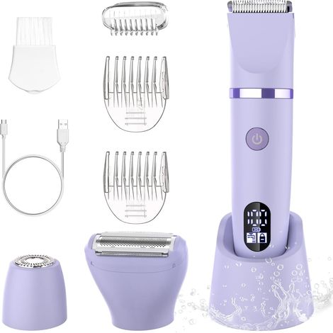 Feminin Elektrorasierer Präzisionstrimmer Für Gesicht Und Empfindliche Bereiche, Körperhaartrimmer Für Gesicht, Beine, Achseln Und Intimbereich, Wasserdicht, Kabellos, Lcd-display, Lila, 3-in-1