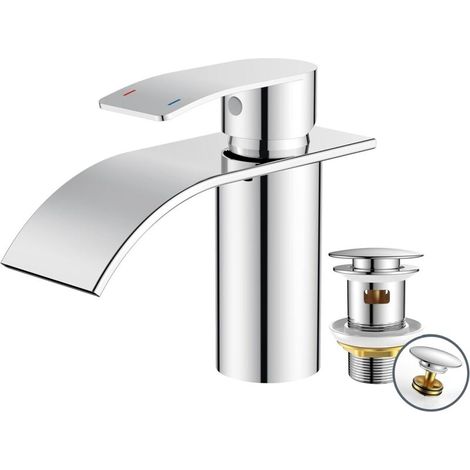 Badezimmerarmatur Mit Ablaufgarnitur – Wasserfall-waschtischarmatur Aus Edelstahl Mit 80 Mm Auslaufhöhe – Einhebelmischer Für Warm- Und Kaltwasser Im Badezimmer