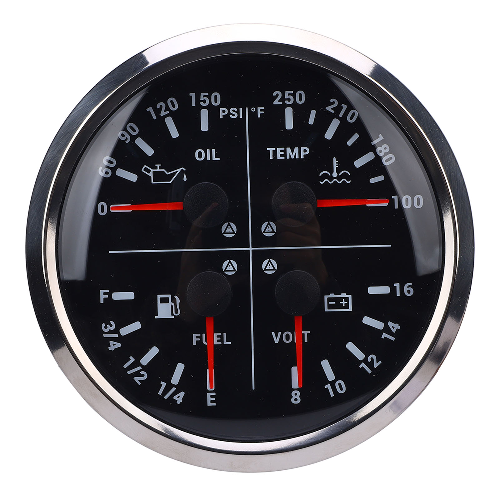 110 Mm (4 3/8 Zoll) Multifunktionsanzeige, 12 V Dc, 0–150 Psi, Öldruck, Kraftstoffstand, 100–250 °f, Wassertemperatur, 8–16 V Voltmeter Für Wohnmobil, Boot, Lkw, Schwarzes Zifferblatt, Silberne Lünett