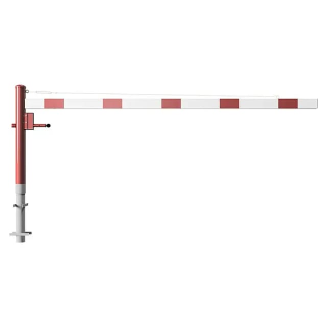 Schake Drehschranke 3,00m + Dreikantverschluss + Seilzugverstärkung, Drehpfosten: Ø 102mm, rot (RAL 3001) Schrankenarm: Aluminiumrohr 100x50mm, weiß / rot zum Einbetonieren