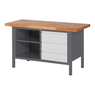 STIER Höhenverstellbare Werkbank Premium mit 3 Schubladen und einem offenen Fach BxTxH 1500x700x840-1040mm