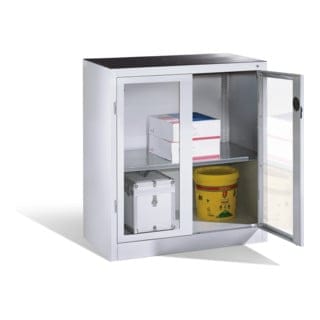 C+P Werkzeug-Beistellschrank mit Sichtfenster-Drehtüren, 1 Boden, H1000xB930xT500mm Front Lichtgrau Korpus Lichtgrau