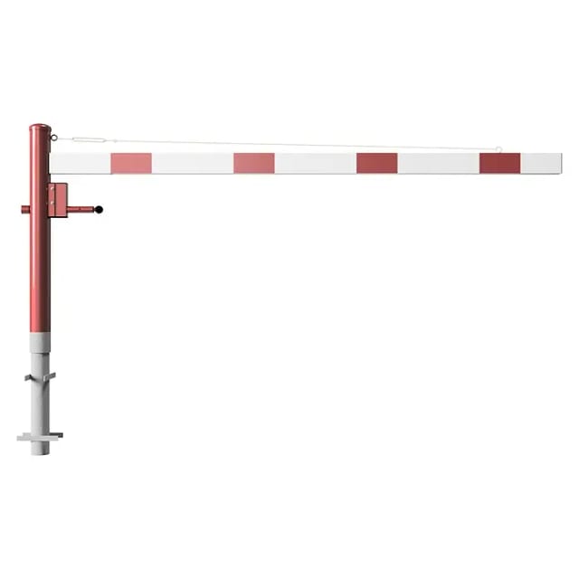 Schake Drehschranke 2,50m + Profilzylinderschloss + Seilzugverstärkung, Drehpfosten: Ø 102mm, rot (RAL 3001) Schrankenarm: Aluminiumrohr 100x50mm, weiß / rot zum Einbetonieren