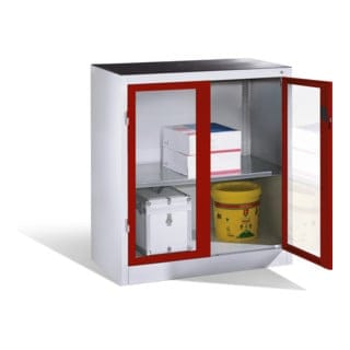 C+P Werkzeug-Beistellschrank mit Sichtfenster-Drehtüren, 1 Boden, H1000xB930xT500mm Front Rubinrot Korpus Lichtgrau