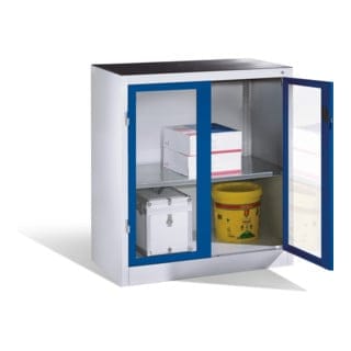 C+P Werkzeug-Beistellschrank mit Sichtfenster-Drehtüren, 1 Boden, H1000xB930xT500mm Front Enzianblau Korpus Lichtgrau
