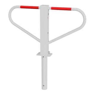 Schake Parkplatzsperre Typ 40771B, umlegbar, 70x70mm, Überflur 500mm, + Rundrohrbügeln, Gesamtbreite 800mm + Rund, Zylinderschloß, z. Einbetonieren weiß / rot