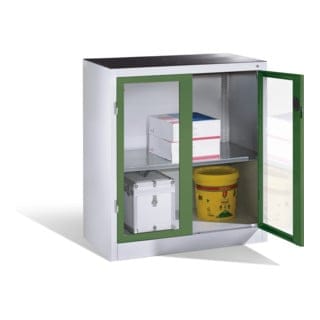 C+P Werkzeug-Beistellschrank mit Sichtfenster-Drehtüren, 1 Boden, H1000xB930xT500mm Front Resedagrün Korpus Lichtgrau