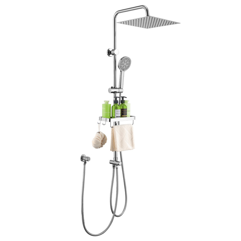 Duschsystem Mit 30 Cm Sus304 Regendusche Und Duschablage 5 Strahlarten Handbrause, Höhenverstellbar, Ohne Neubohren, Chrom