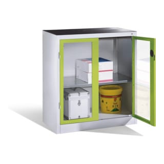 C+P Werkzeug-Beistellschrank mit Sichtfenster-Drehtüren, 1 Boden, H1000xB930xT500mm Front Viridingrün Korpus Lichtgrau