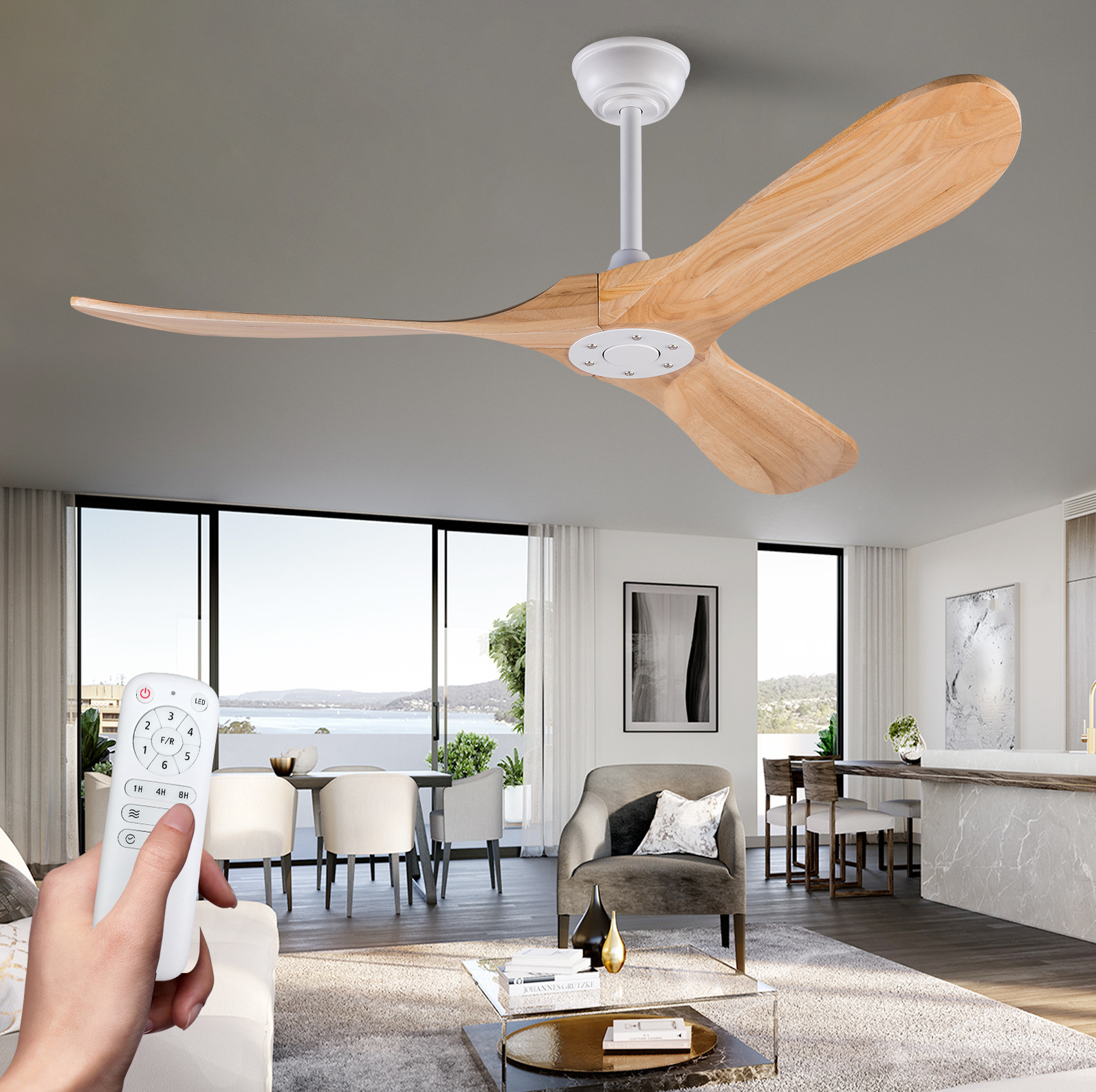 Deckenventilator 132 Cm, 3 Holzflügel, Leiser Dc-motor, Fernbedienung, Zeitschaltuhr, Reversibel