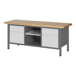 STIER Höhenverstellbare Werkbank Premium mit 2 Schubladen und 2 Flügeltüren BxTxH 2000x700x840-1040mm
