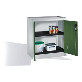 C+P Umwelt-Beistellschrank mit Drehtüren, 2 Polyethylen-Wannen, H1020xB930xT500mm Front Resedagrün Korpus Lichtgrau