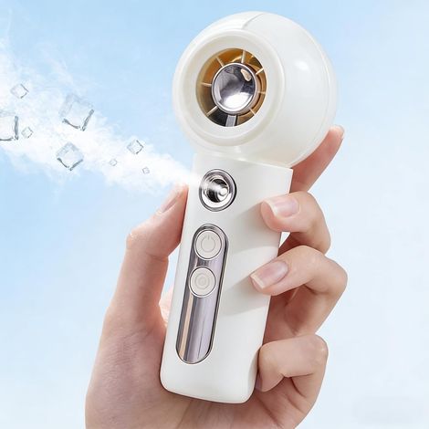 Gemmac Tragbarer Usb-ventilator Mit Sprühfunktion, Mini-handventilator Mit Akku Und Sprühkopf, 2000 Mah Akku, 4 Geschwindigkeitsstufen, Ideal Für Unterwegs Und Zum Schminken Im Büro – Weiß