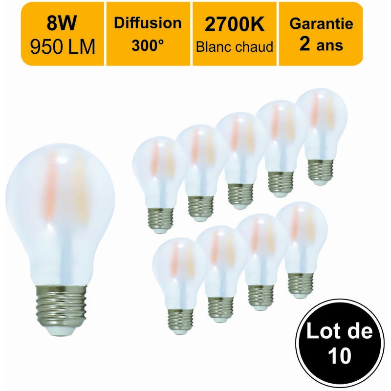10er-pack E27 8w (entspricht 80w) Led-filamentlampen, 950 Lumen, 2700k – 2 Jahre Garantie