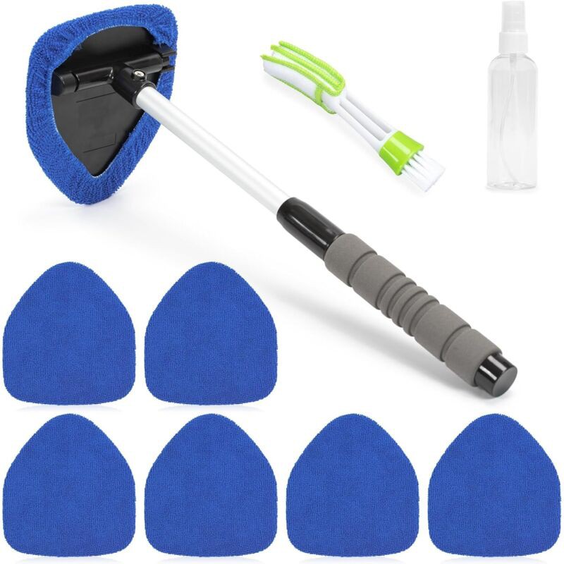Nettoyeur De Pare-brise Avec 6 Tampons En Microfibre, Flacons Pulvérisateurs Et Manche Télescopique Rotatif À 180 Degrés, Kit De Lavage De Fenêtres