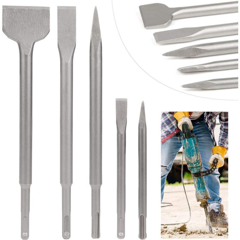 Sds Chisel Lot De 5 Burins Avec 2 Burins Pointus Et 3 Burins Plats Outil De Forage Pour Béton