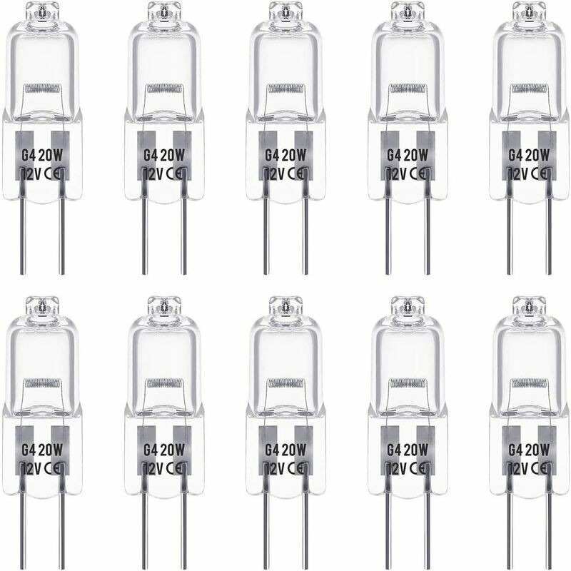 Ensemble De 10 Ampoules Halogènes G4 De 12v Et 20w. Ces Ampoules Émettent Une Lumière Blanche Chaude De 3000k, Avec Une Luminosité De 350 Lumens.