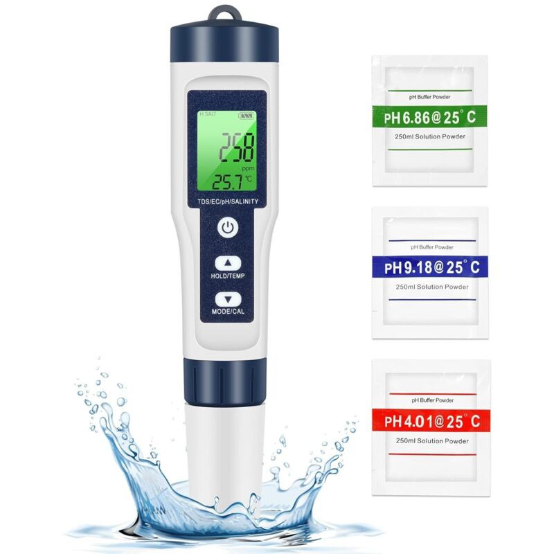 Ph Tds Meter, Testeur De Qualité De L'Eau 5 En 1 Ph/tds/ec/sel/température Tds Mètre Lcd Rétroéclairage Vert Pour Piscine/aquarium/étang
