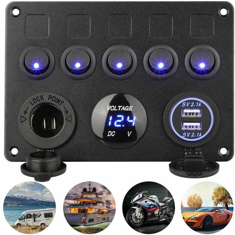 Panneau Interrupteur À Bascule Étanche 12v/24v – 5 Positions – Affichage Numérique Tension – 2 Ports Usb 2.1a – Fusible 15a Intégré