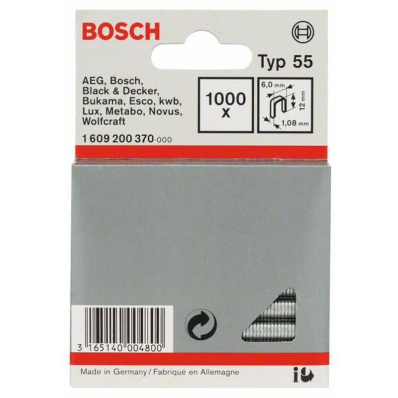 Bosch – Bride Arrière Étroite Type 55 6 X 1,08 X 12 Mm – Lot De 1000 Pièces – Fixation Solide Pour Matériaux Fins Et Épais
