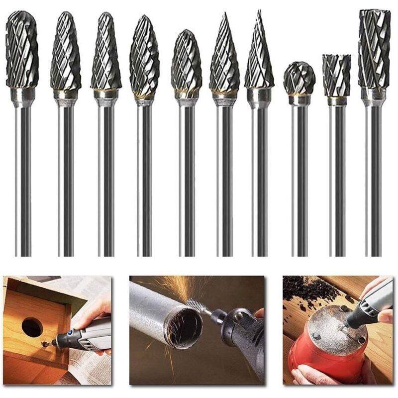 10 Pcs Double Coupe De Tungstène Burres Rotatives En Carbure Massif En Acier Set 3mm Queue Foret De Torsion De Tiges Pour Outils Rotatifs Dremel