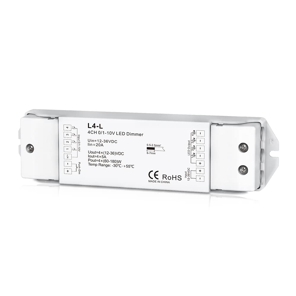 4-kanal-led-controller 0/1-10 V – 1 Stück – Kompaktes Gehäuse – Stufenloses, Flimmerfreies Dimmen – Professionelle Innenbeleuchtung – 12–36 V Dc