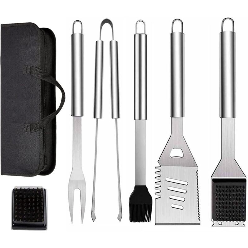 Lot De 7 Ustensiles De Barbecue En Acier Inoxydable Avec Sac De Transport, Spatule, Pince Et Fourchette, Accessoires Pour Barbecue, Cuisine, Camping