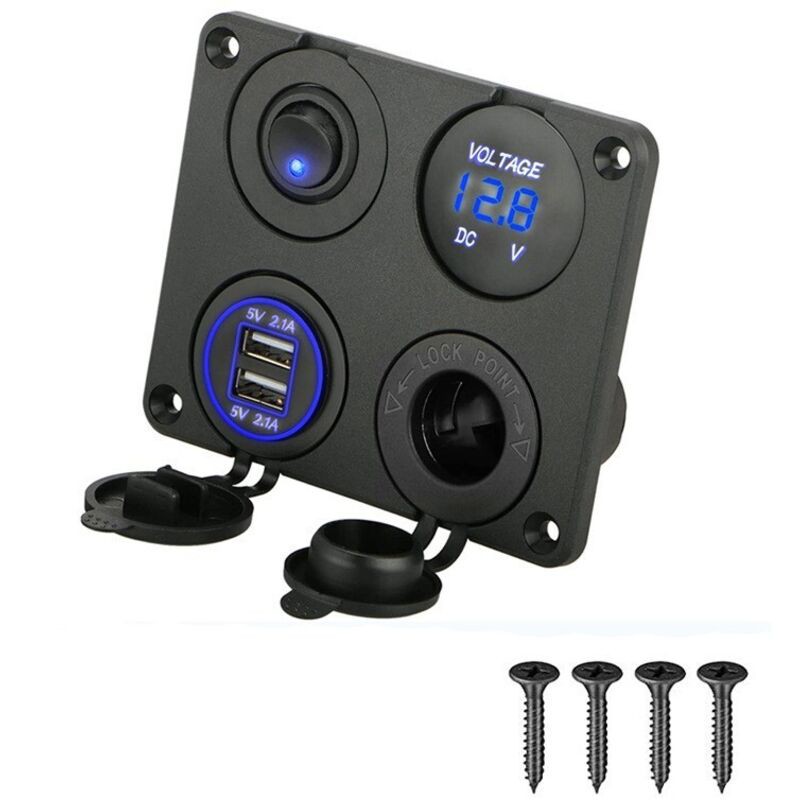 Panneau De Commutation De Chargeur De Voiture 4 En 1, Fonction Dual Usb Charger + Voltmètre À Led + Interrupteur À Bascule On/off + Prise De