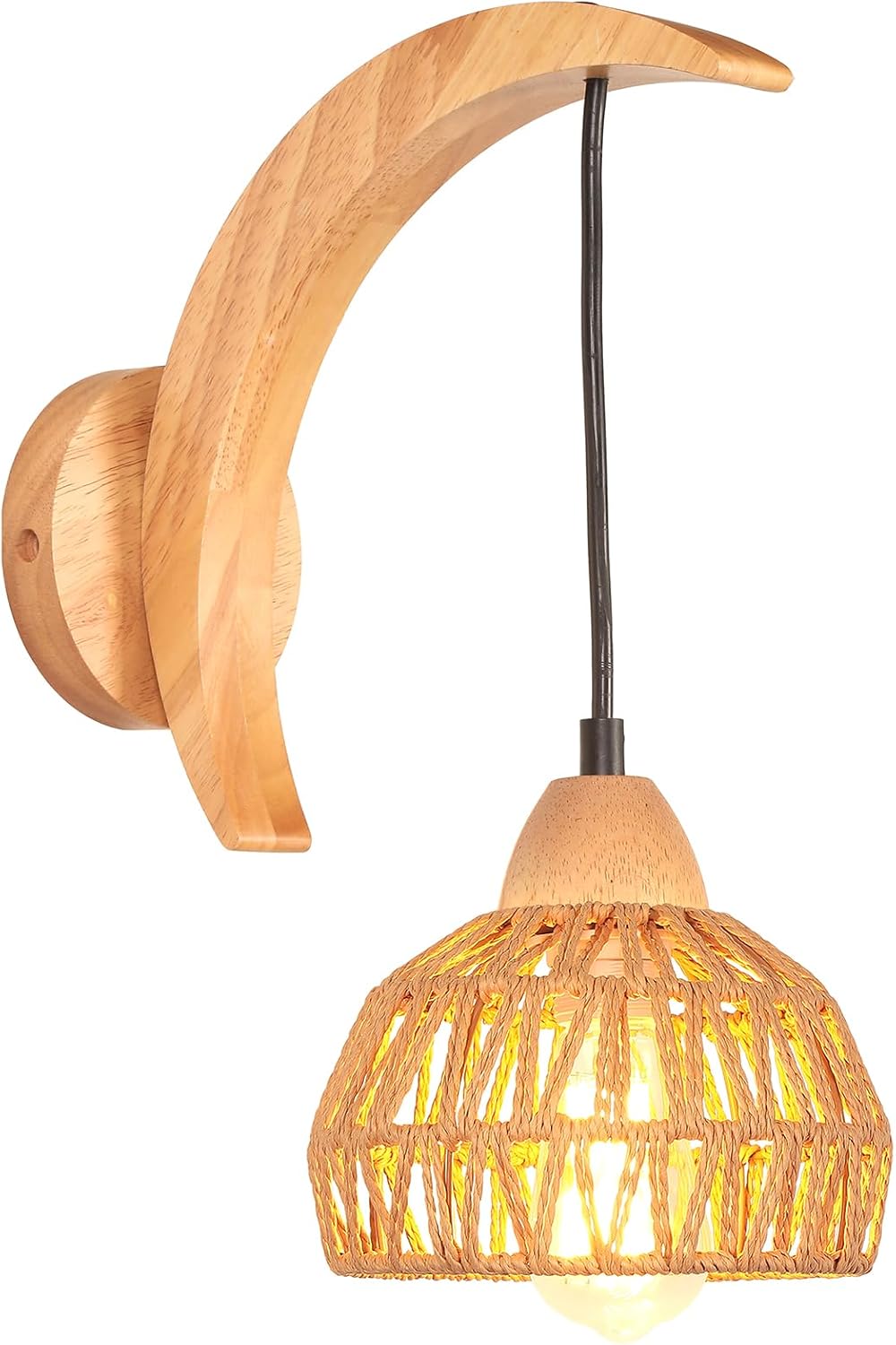 Wandleuchte Aus Holz Und Rattan – 1 Stück – Vintage-industriestil – Einstellbare Ambientebeleuchtung – Für Wohnzimmer, Schlafzimmer, Café – Braun Und