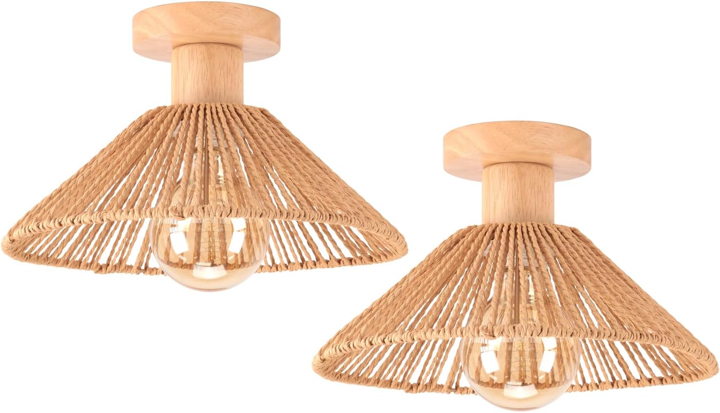Set Mit 2 Retro-deckenleuchten – 2 Stück – Rattan Und Holz – Bohème-design, E27-fassung – Wohnzimmer, Schlafzimmer, Küche – 26 Cm, Braun