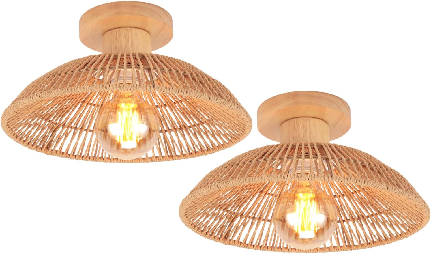 Set Mit 2 Retro-pendelleuchten Im Bohème-stil Aus Rattan Und Holz, E27-fassung, Für Wohnzimmer, Schlafzimmer, Flur, 30 Cm, Braun