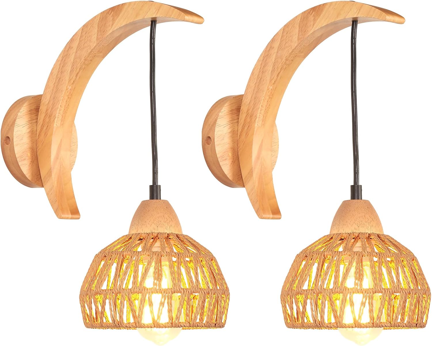 Set Mit 2 Wandleuchten Aus Holz Und Rattan – Vintage-halbmond-design – Verstellbare Innenbeleuchtung – Für Wohnzimmer, Schlafzimmer, Flur – Braun Und