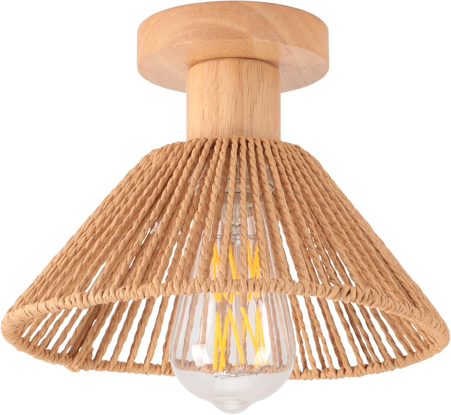 Retro-deckenleuchte – 1 Stück – Rattan Und Holz – Boho-schirmdesign – Wohnzimmer, Schlafzimmer, Flur – 22 Cm, Braun