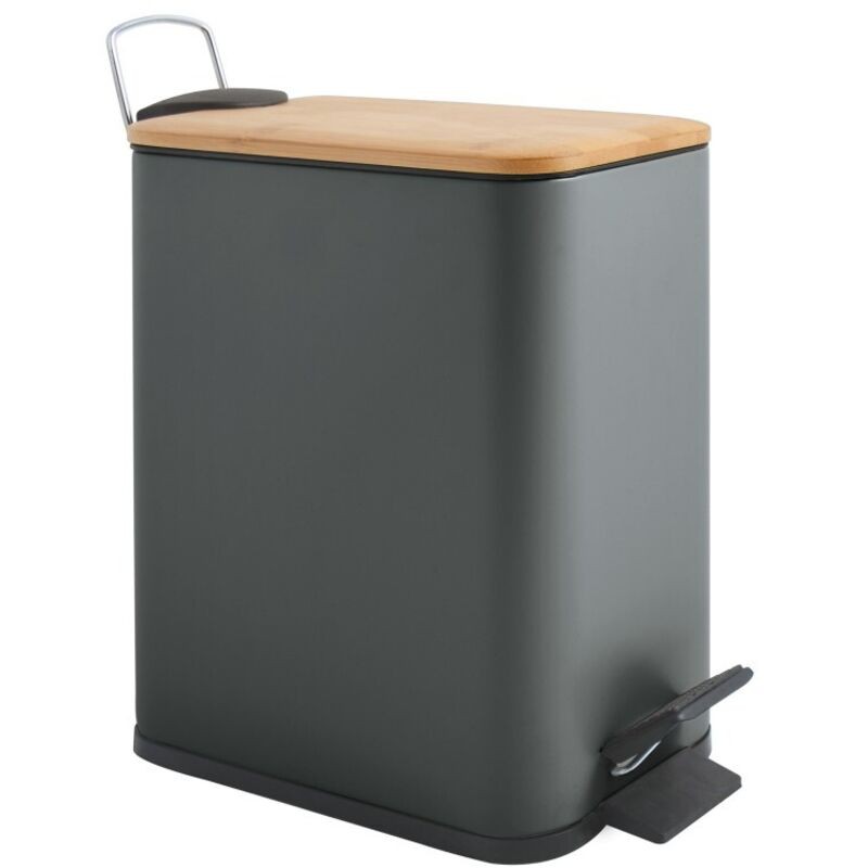 Spirella – Poubelle À Pédale 5l En Acier Et Bambou – Gris Foncé Mat – Mécanisme Easy-close – Insert Plastique Avec Poignée - Erik 5 L