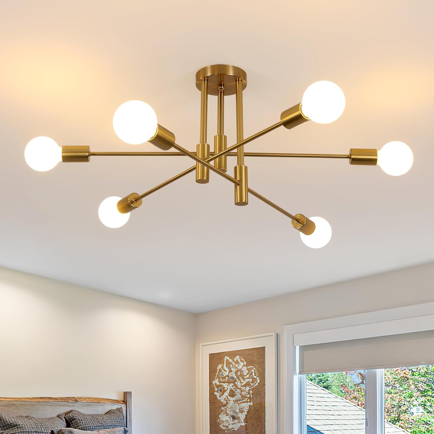 Sputnik 6-flammiger Kronleuchter – Goldfarbenes Metall – 360° Schwenkbare Arme – Wohnzimmer, Schlafzimmer, Küche – Durchmesser 72 Cm