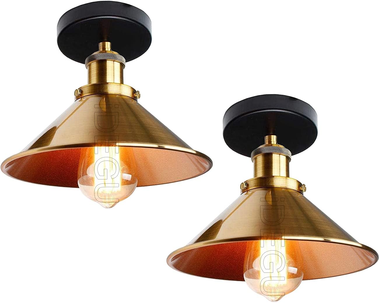 Set Mit 2 Industrie-deckenleuchten – 2 Stück – Goldfarbenes Eisenmetall – Retro-e27-fassung – Wohnzimmer, Küche, Flur – Durchmesser 22 Cm