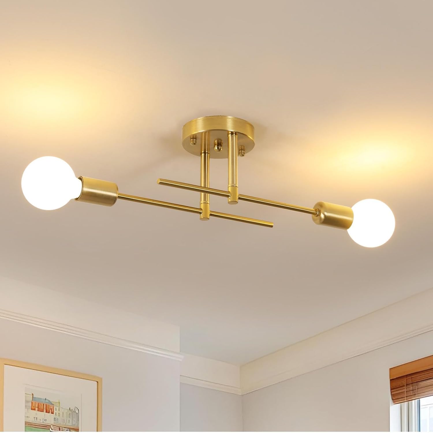 Sputnik 2-flammiger Kronleuchter – Vintage-goldmetall – Verstellbare Deckenleuchte E27 – Wohnzimmer, Schlafzimmer, Flur – 43 Cm