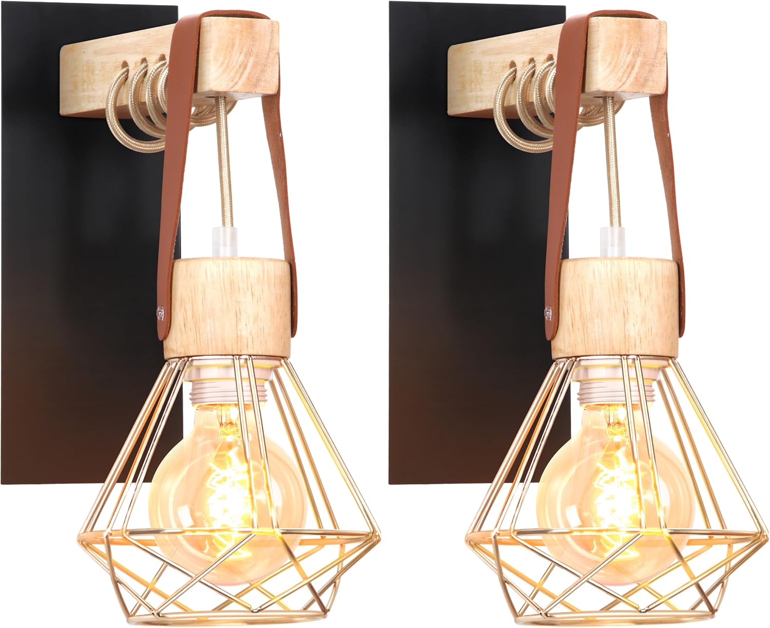 Set Mit 2 Industriellen Wandleuchten – 2 Stück – Retro-stil, Eisen Und Holz – Höhenverstellbar Mit Lederbezug – Wohnzimmer, Schlafzimmer, Küche –