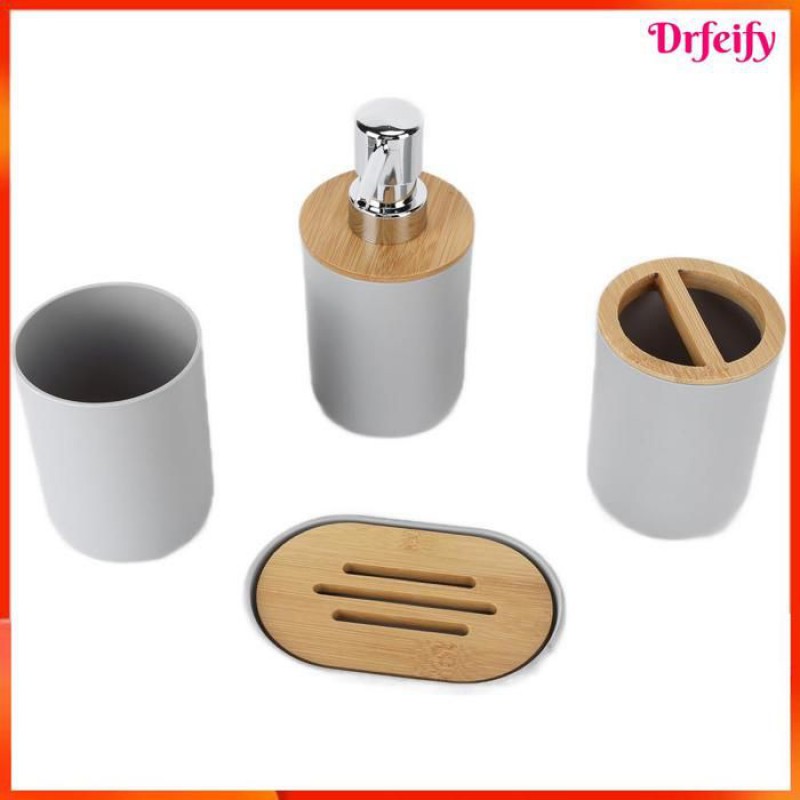 Badezimmer-accessoire-set (4-teilig) – 4-teiliges Set – Bambus – Wasserfest – Grau